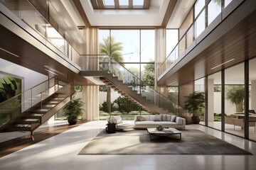 Contemporary residence featuring spacious interiors with soaring ceilings and expansive windows in a 3D visualization. Generative AI