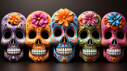 Set of colorful sugar skull on white background