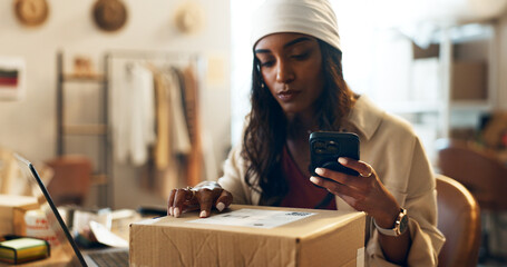 Woman, box and phone in logistics for inventory or storage inspection at fashion or clothing...
