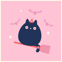 A cat-witch is flying on a broomstick.