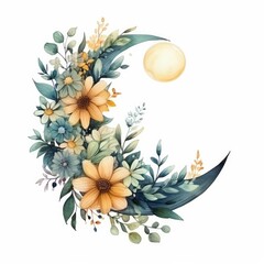 Watercolor floral Moon with greenery on a white background.