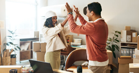 Happy people, high five and teamwork in small business or logistics together at boutique. Man and woman touching hands in celebration for team achievement, winning or sale at retail store or shop - Powered by Adobe