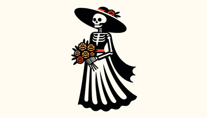 Flat vector art of a Catrina (elegantly dressed skeleton) wearing a wide-brimmed hat and a long dress, holding a bouquet of marigolds