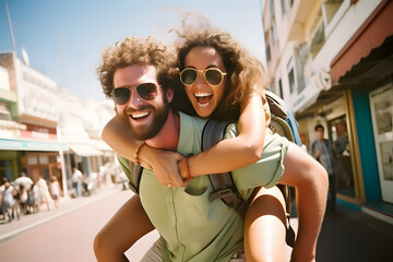 Carefree couple backpacking in a charming southern town, sharing laughter and summer vibes.