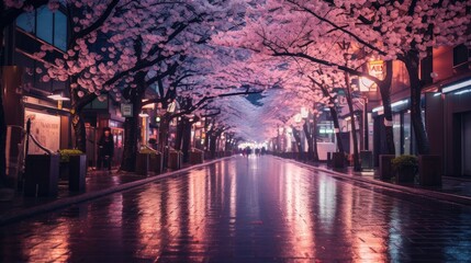 A bustling Tokyo street at night and cherry blossoms in full bloom along the avenue - obrazy, fototapety, plakaty