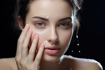 beautiful woman is washing her face with water, her hand on face, glowing face, healthy skin, facial care