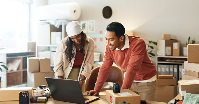 Business partners, boxes and laptop for online meeting, startup and funding for costs, courier and logistics. Man, woman and partnership for ecommerce, team or company for smile, deal or happy