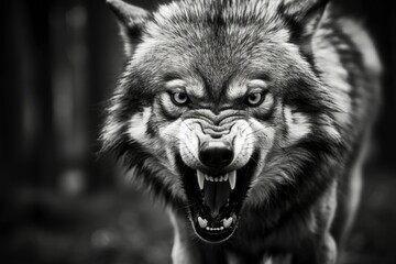 Greyscale closeup shot of an angry wolf with a blurred background.