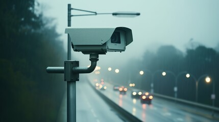 Security camera on the road fines for speeding fast cars - obrazy, fototapety, plakaty