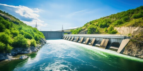 Hydroelectric dam generating green energy from flowing water. - obrazy, fototapety, plakaty