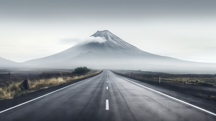  a long empty road with a mountain in the background and fog in the air.  generative ai