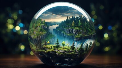  a glass ball with a painting of a forest scene inside of it.  generative ai