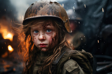 Child of war, a small serious girl in a dirty military helmet standing on street and looking at camera - obrazy, fototapety, plakaty