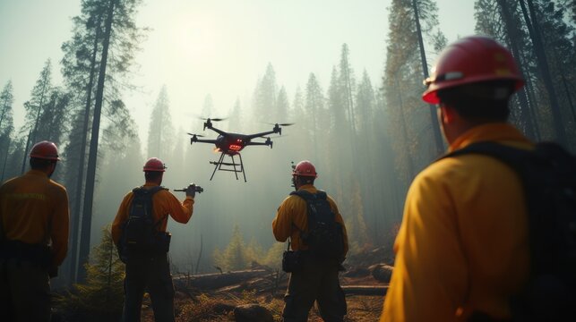 Volunteers using drone to survey flight to help extinguish forest fires in great wildfire.
