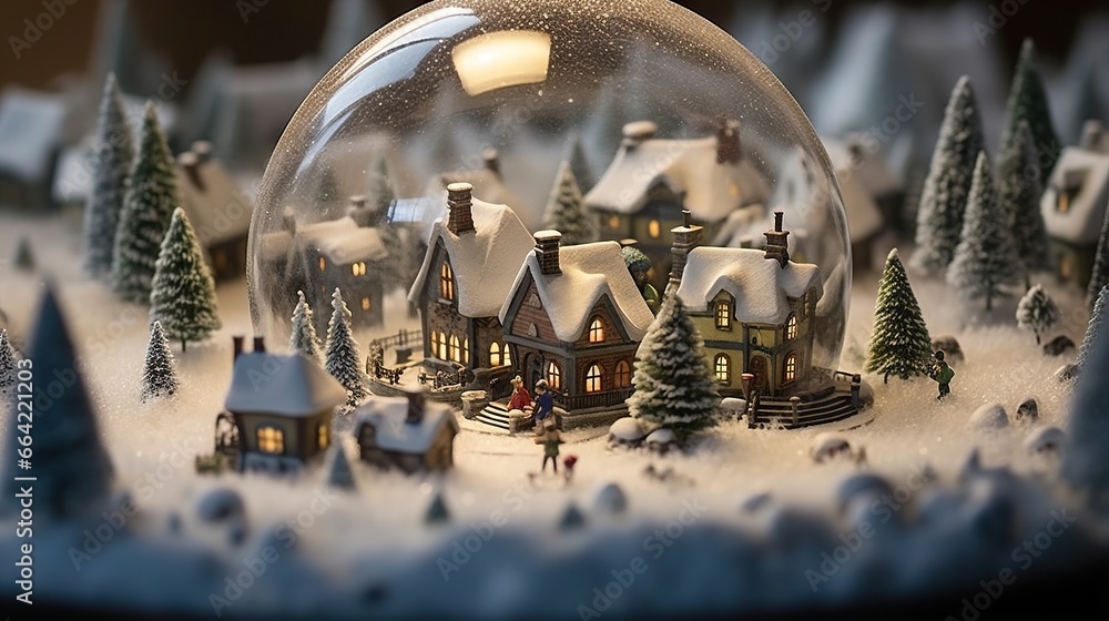 Poster a snow globe with a small village inside of it and a light on. generative ai