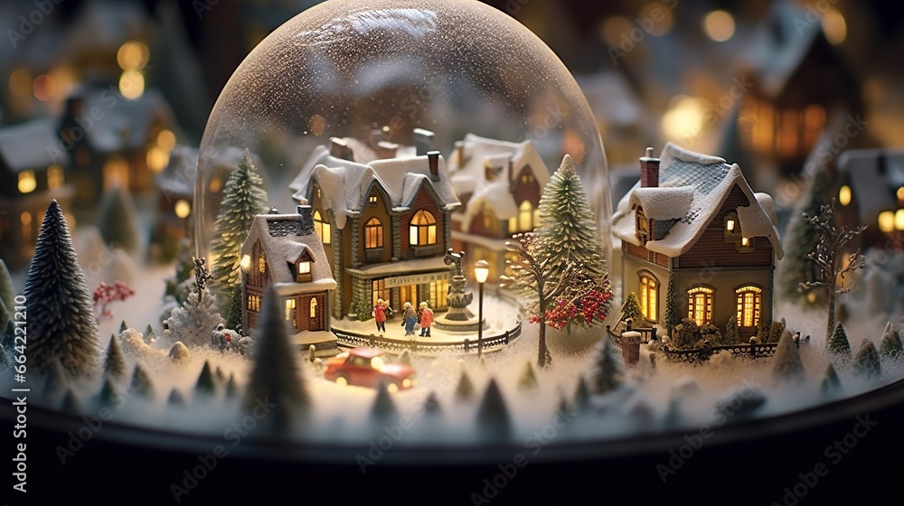 Poster a snow globe with a small town inside of it and a christmas tree in front of it. generative ai