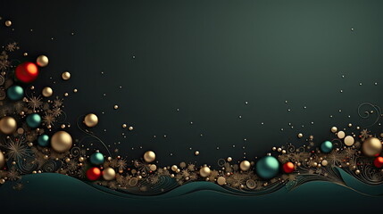 Elegance Christmas Green, Red and Gold Background with Flower Glitter Ornaments - Ideal for Festive Decorating Baubles with Ample Copy Space, Sophisticated Holiday New Year Xmas Decor