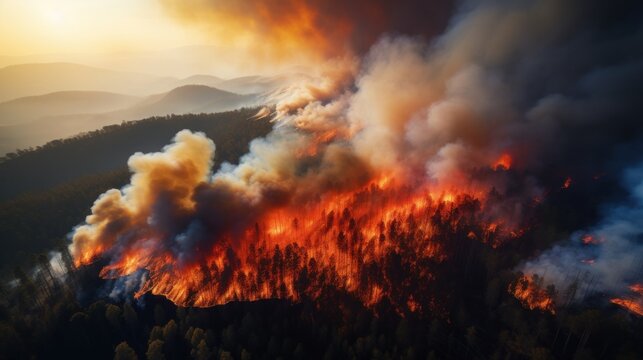 Great wildfire burning the a large forest, global crisis of climate change, protecting the world from global boiling crisis.