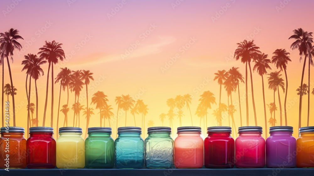Poster a row of colorful jars with palm trees in the background. generative ai