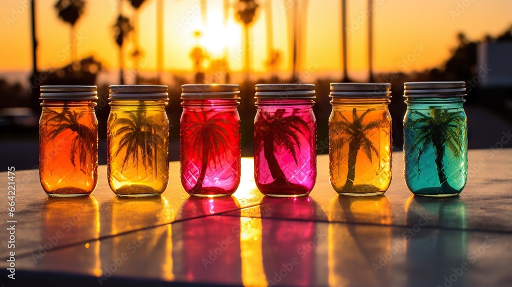 Poster a group of colorful jars sitting on top of a table. generative ai