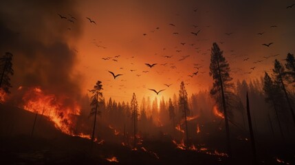 Great wildfire burning the a large forest, global crisis of climate change, protecting the world from global boiling crisis.