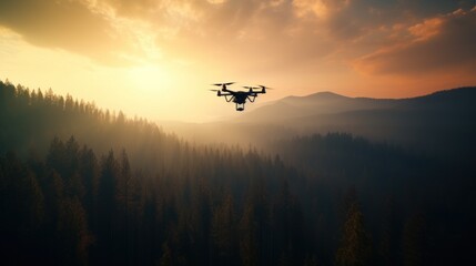 Fototapeta na wymiar Drone to survey flight to help extinguish forest fires in great wildfire.