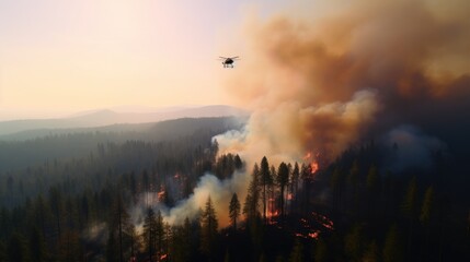 Obraz premium Volunteers using drone to survey flight to help extinguish forest fires in great wildfire.