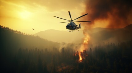 Fototapeta na wymiar Helicopters survey flight to help extinguish forest fires.