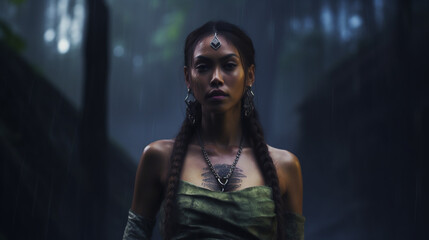 A young Asian woman in a green dress with long black hair stands in a dark forest, wearing a necklace and a serious expression, creating a mysterious and dramatic atmosphere