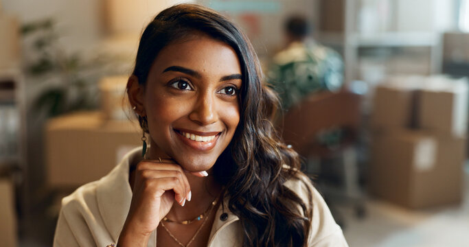 Woman, thinking and happy in small business for shipping, boxes and supply chain of product. Dropshipping, office and employee problem solving or solution for delivery of stock, inventory or planning