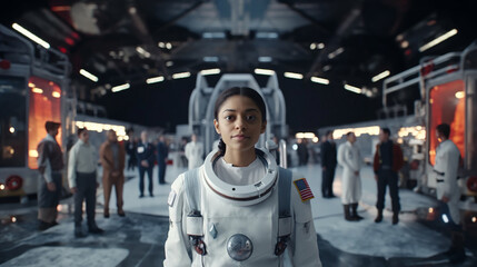 Smiling Asian astronaut in a room with a space shuttle, evoking a sense of adventure and exploration.