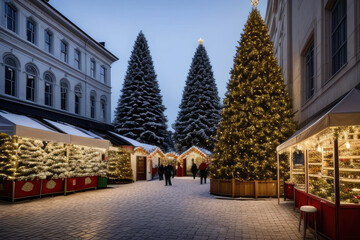 Christmas trees and decoration in front of the shop, winter street market