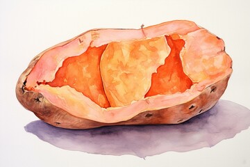 A watercolor painting of a halved sweet potato. Generative AI
