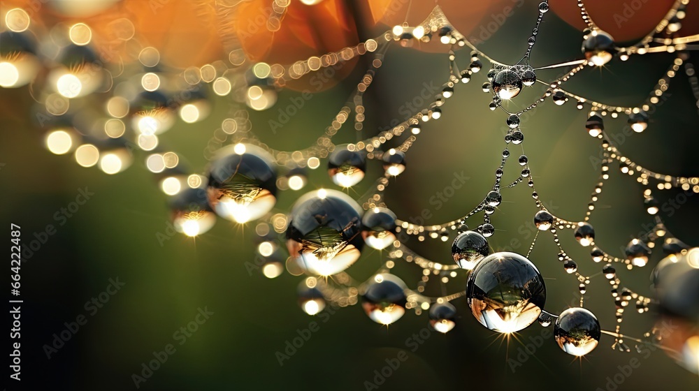Poster a close up of a spider web with water droplets on it. generative ai