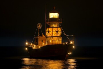 Illuminated buoy guides ship. Generative AI
