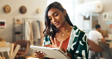 Woman, typing and tablet in small business for fashion, shipping and planning supply chan schedule....