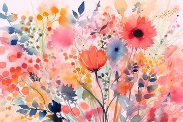 Colorful artistic depiction of abstract watercolor florals, leaves, and flowers against a soft pink backdrop. Generative AI