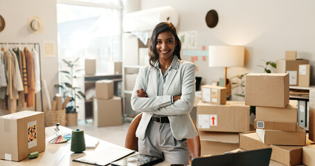 Happy woman, portrait and small business professional in logistics, supply chain or fashion...