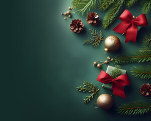 christmas decorations on green background, christmas greetings mockup