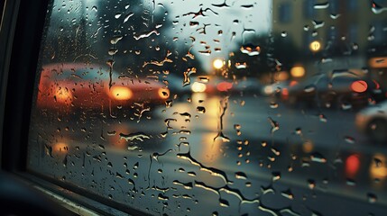  a rain covered window with cars driving down the street in the rain.  generative ai