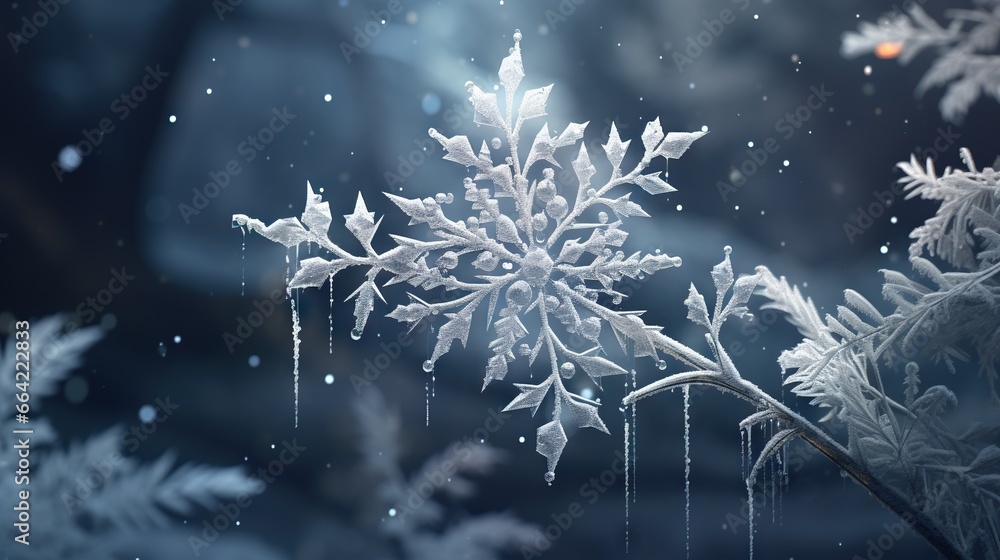 Poster a snowflake with icicles hanging from it's sides. generative ai
