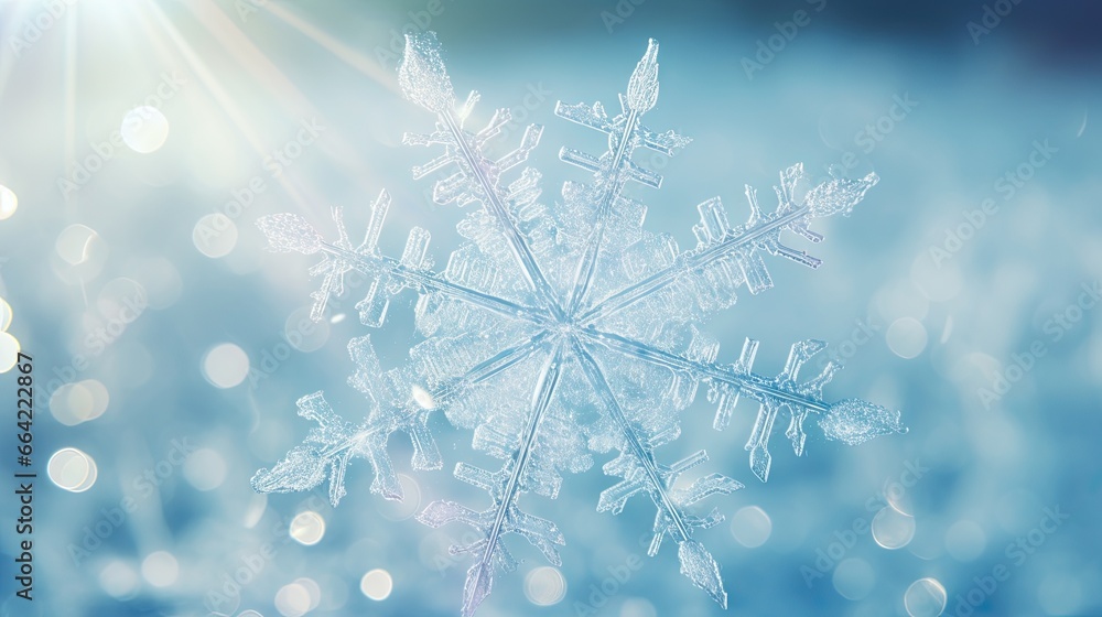 Poster a close up of a snowflake on a blue background. generative ai