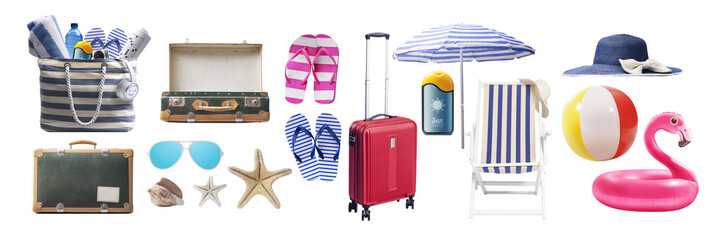 Collection of travel and beach accessories