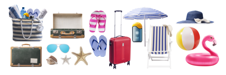 Collection of travel and beach accessories