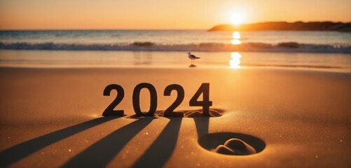 A serene beach at sunset, with the number 2024 made of sand - obrazy, fototapety, plakaty