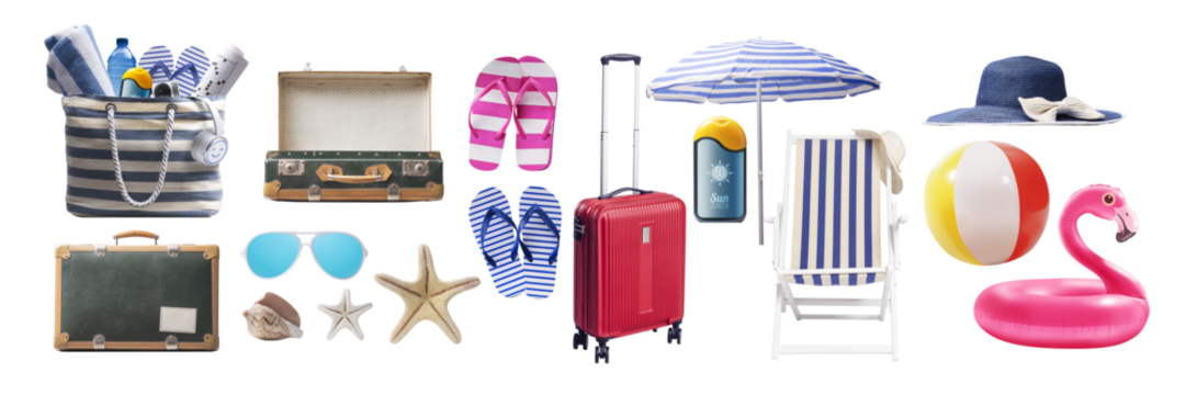 Collection of travel and beach accessories