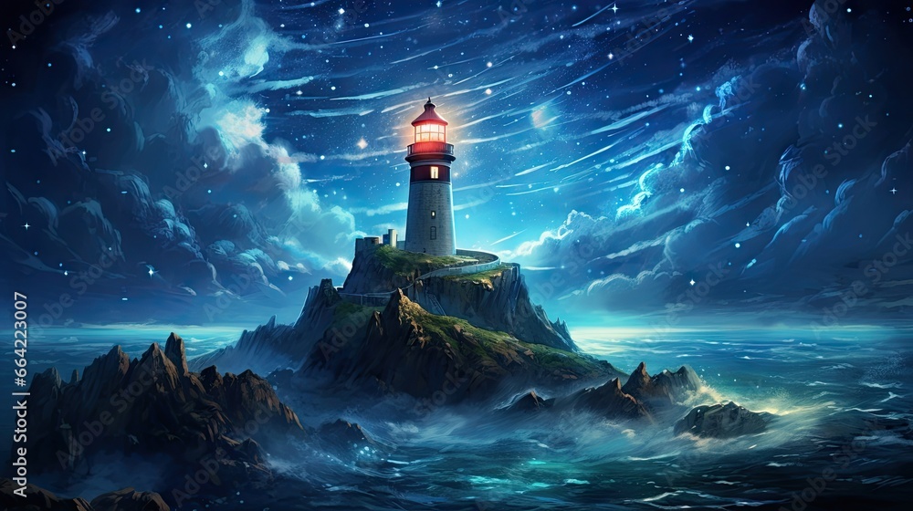 Poster a painting of a lighthouse in the middle of the ocean. generative ai