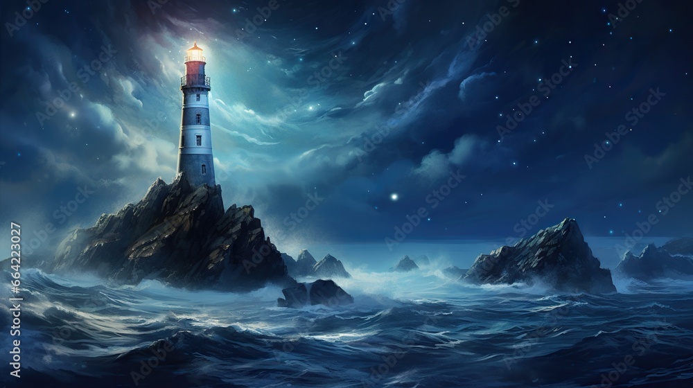 Poster a painting of a lighthouse in the middle of the ocean. generative ai