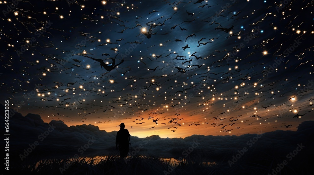 Poster a person standing in a field with a sky full of bats. generative ai