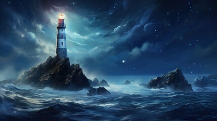 Naklejka premium a painting of a lighthouse in the middle of the ocean. generative ai